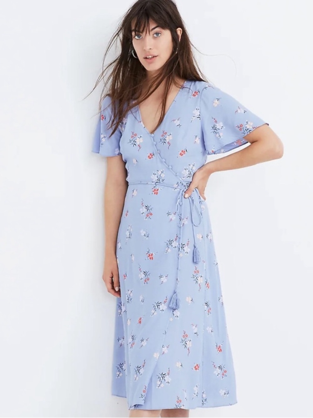 Madewell Button Wrap Midi Dress Aloha Blue Floral Boho Cottage Prairie Soft 8